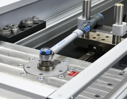 A torque wrench is being tested on a calibration machine