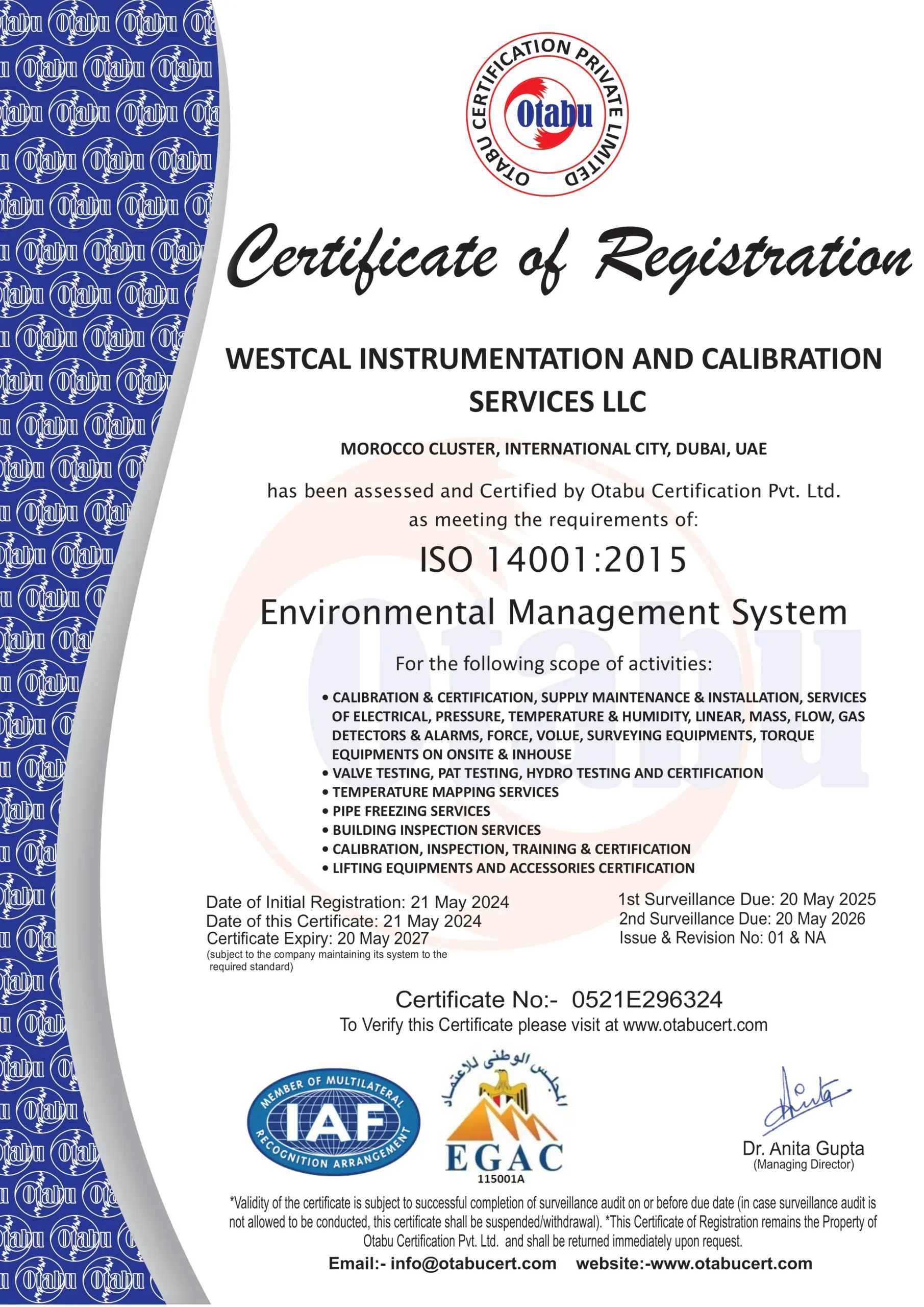 certificate of Westcal ISO 14001 certified by otabu certifications