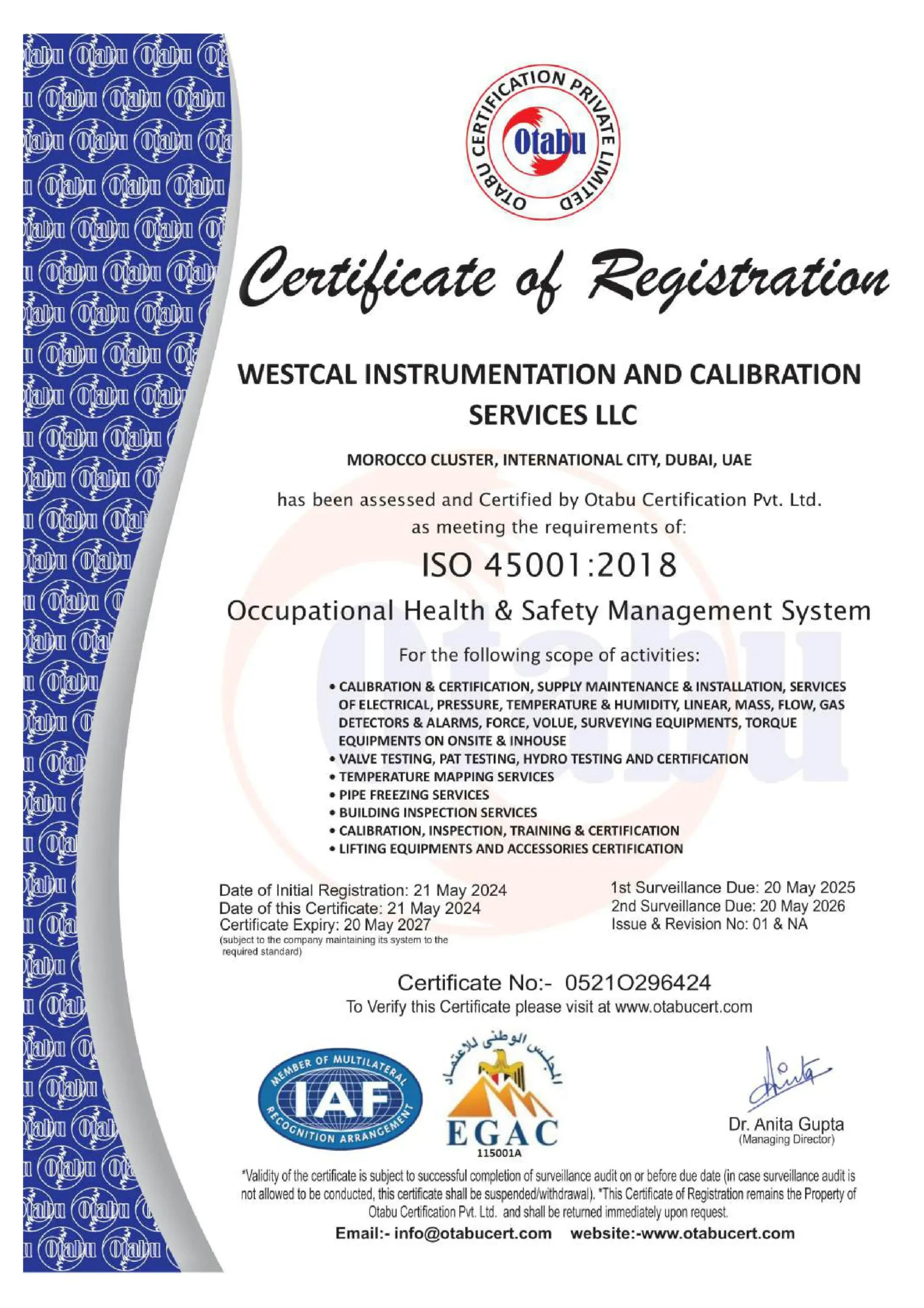 ISO 45001 westcal certificate by Otabu certifications